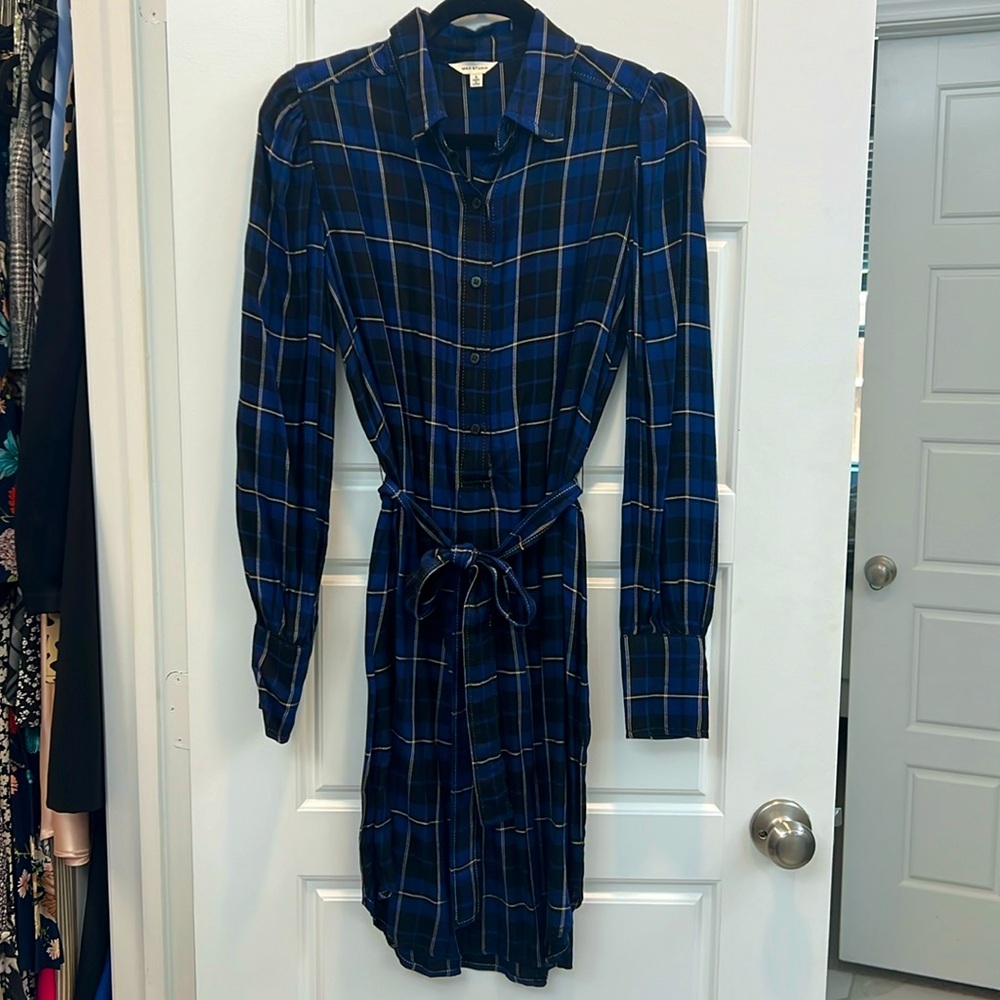 Max Studio Navy flannel Belted Shirt Dress Sz S